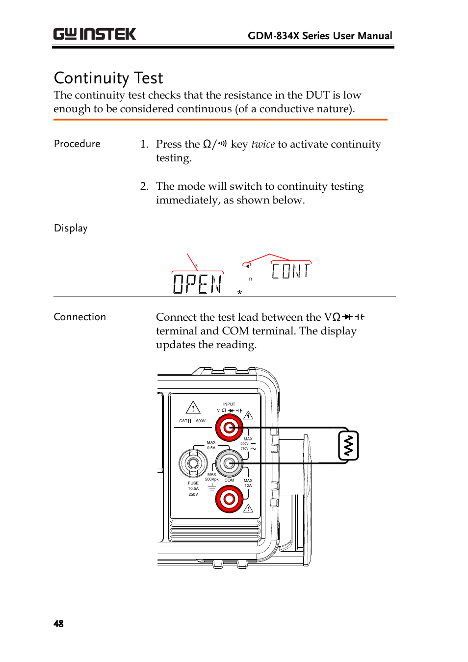 Continuity test, Gdm-834x series user manual | GW Instek GDM-8300 series User Manual User Manual | Page 48 / 158