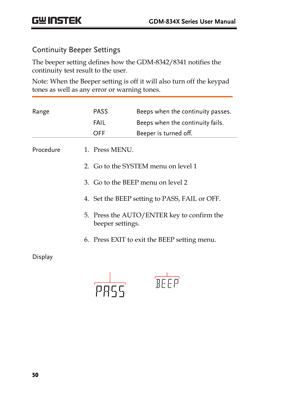 Continuity beeper settings | GW Instek GDM-8300 series User Manual User Manual | Page 50 / 158