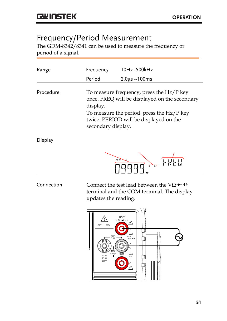 Frequency/period measurement, Ge 51, Operation | Measurement frequency units measurement mode | GW Instek GDM-8300 series User Manual User Manual | Page 51 / 158