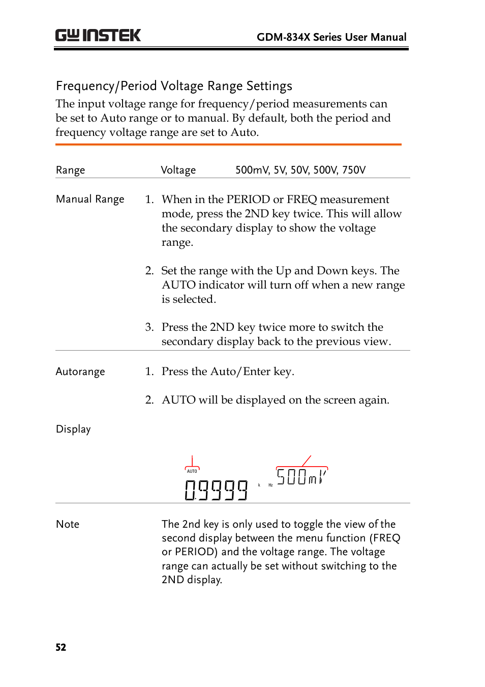 Frequency/period voltage range settings | GW Instek GDM-8300 series User Manual User Manual | Page 52 / 158