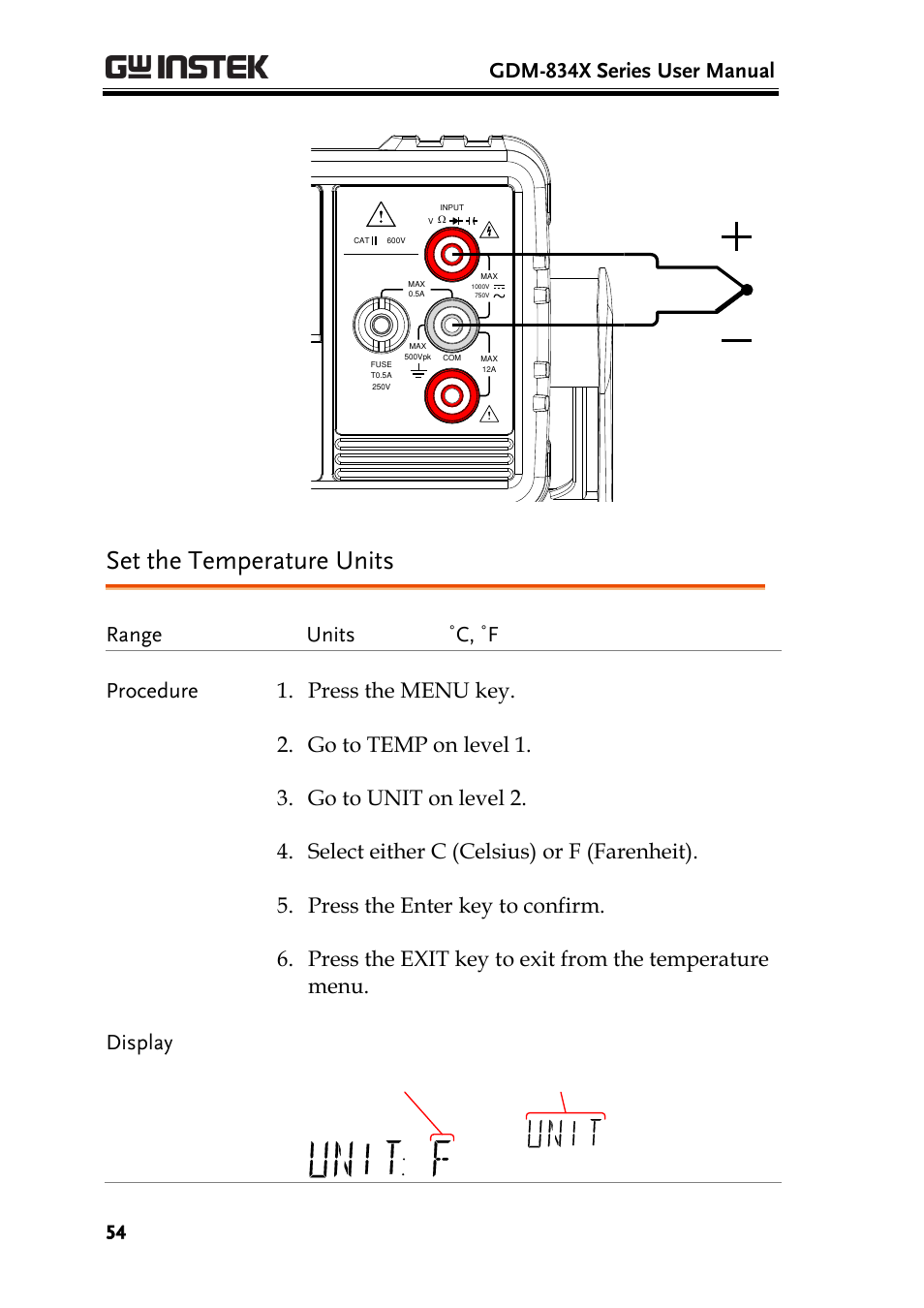 Set the temperature units, Gdm-834x series user manual | GW Instek GDM-8300 series User Manual User Manual | Page 54 / 158
