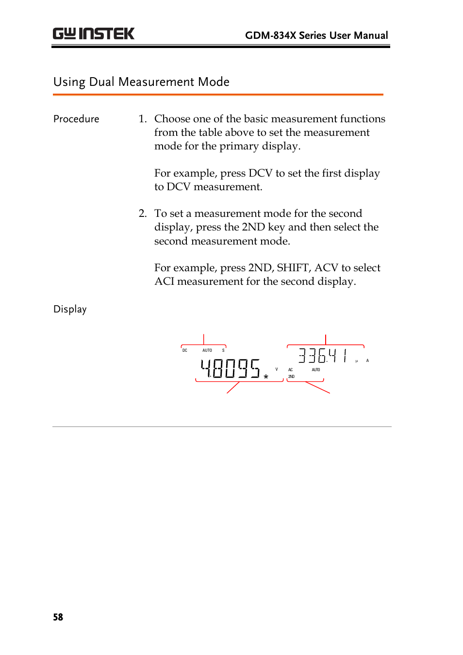 Using dual measurement mode, Gdm-834x series user manual, Indicators for 1 | Measurement 1st measurement and unit | GW Instek GDM-8300 series User Manual User Manual | Page 58 / 158