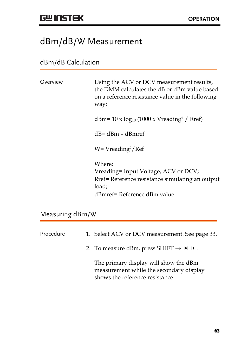 Dbm/db/w measurement, Ge 63, Dbm/db calculation | Measuring dbm/w | GW Instek GDM-8300 series User Manual User Manual | Page 63 / 158