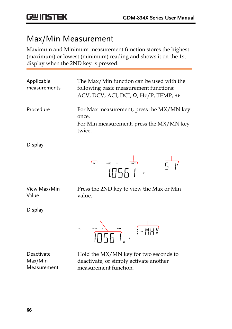 Max/min measurement, Ge 66), Gdm-834x series user manual | GW Instek GDM-8300 series User Manual User Manual | Page 66 / 158