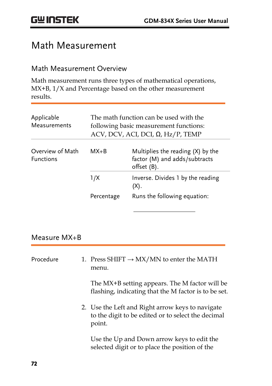 Math measurement, Ge 72, Math measurement overview | Measure mx+b | GW Instek GDM-8300 series User Manual User Manual | Page 72 / 158