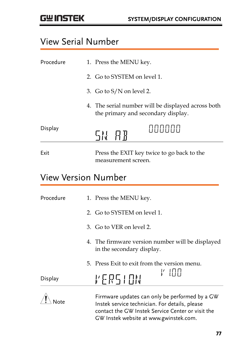 View serial number view version number, View serial number, View version number | GW Instek GDM-8300 series User Manual User Manual | Page 77 / 158