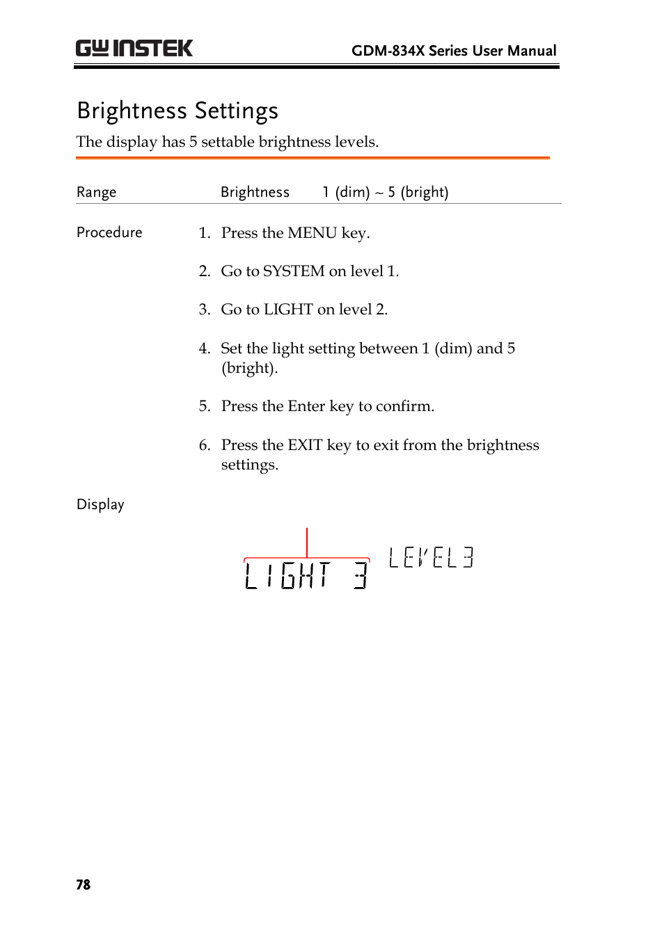 Brightness settings, Ge 78 | GW Instek GDM-8300 series User Manual User Manual | Page 78 / 158