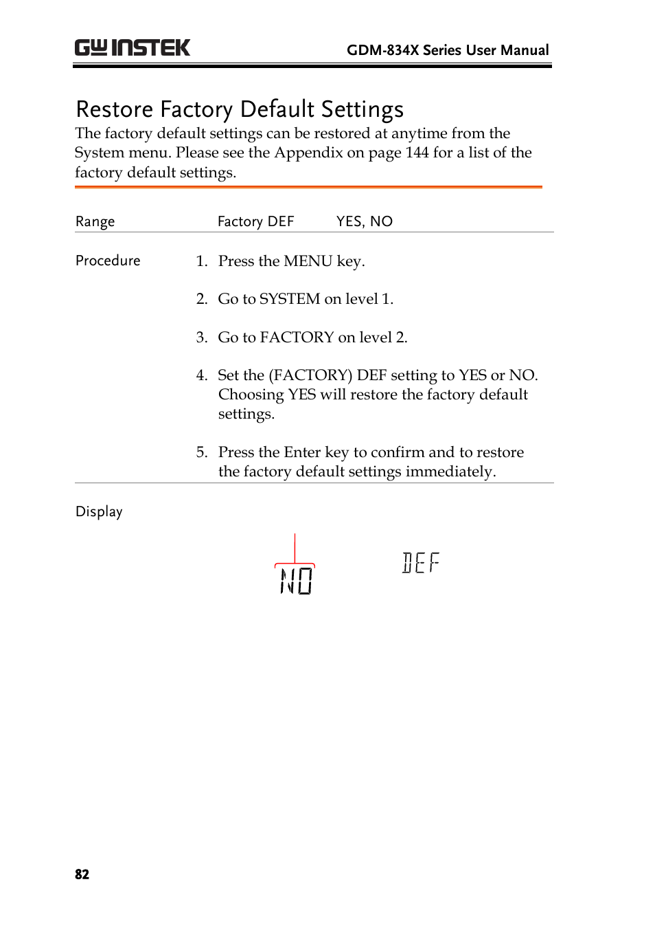 Restore factory default settings | GW Instek GDM-8300 series User Manual User Manual | Page 82 / 158