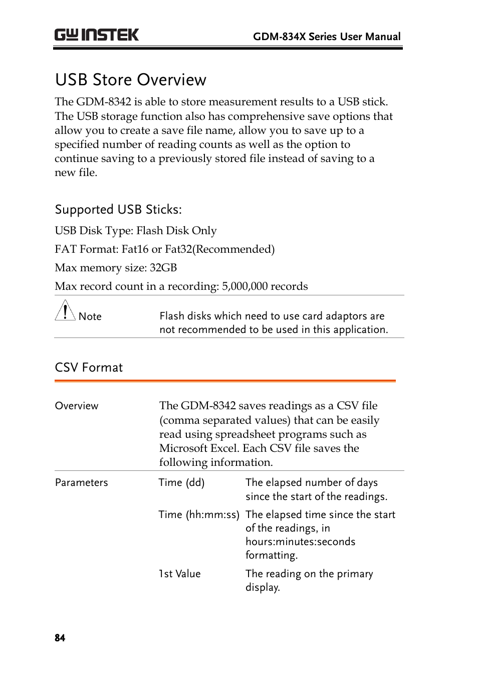 Usb store overview, Supported usb sticks, Csv format | GW Instek GDM-8300 series User Manual User Manual | Page 84 / 158
