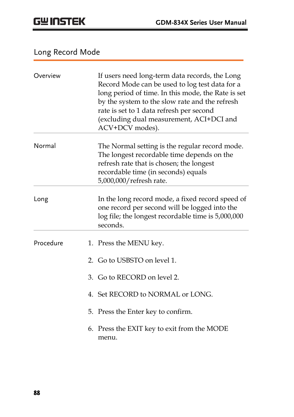 Long record mode | GW Instek GDM-8300 series User Manual User Manual | Page 88 / 158