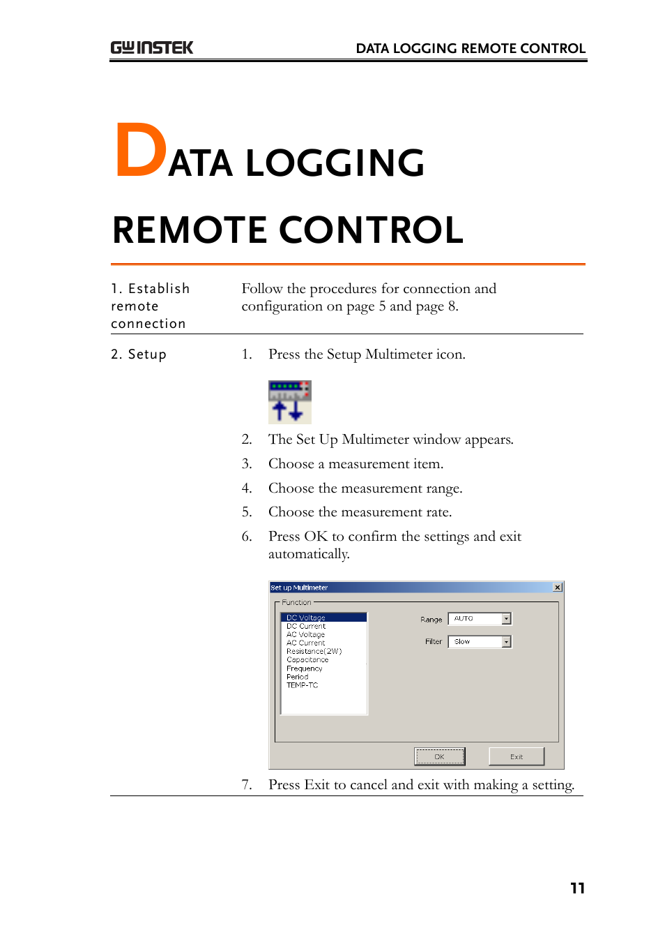 Data logging remote control, Ata logging remote control | GW Instek GDM-8300 series Excel Add-in Operation Guide User Manual | Page 11 / 19