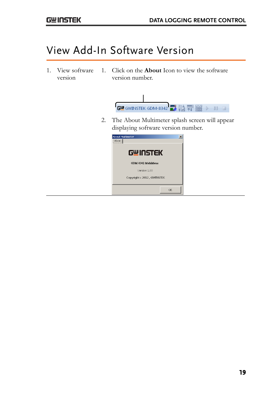 View add-in software version | GW Instek GDM-8300 series Excel Add-in Operation Guide User Manual | Page 19 / 19