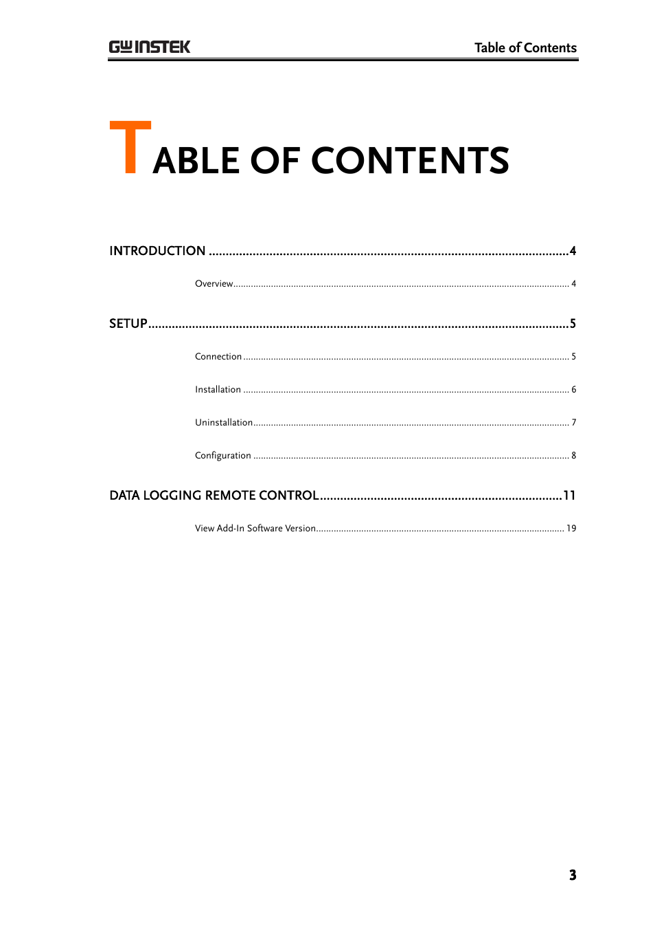 Able of contents | GW Instek GDM-8300 series Excel Add-in Operation Guide User Manual | Page 3 / 19