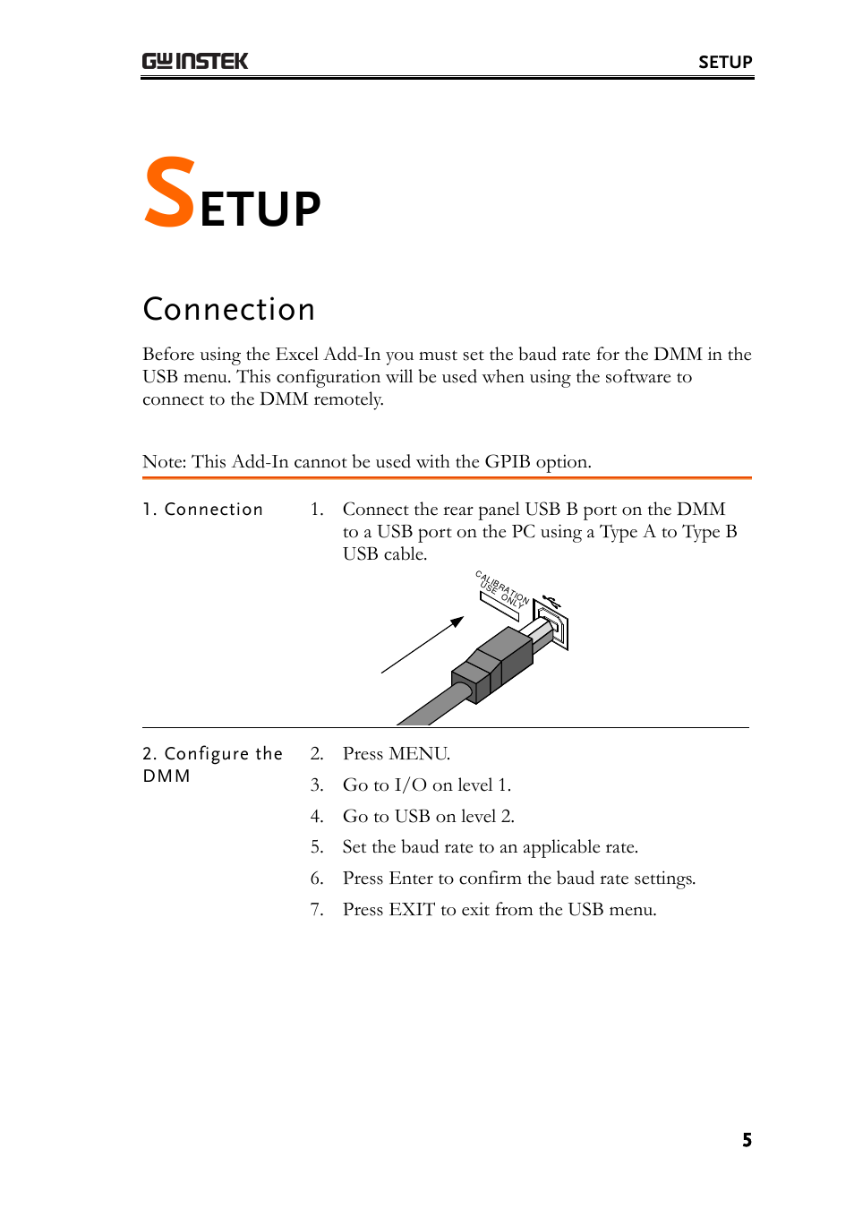 Setup, Connection, Etup | GW Instek GDM-8300 series Excel Add-in Operation Guide User Manual | Page 5 / 19