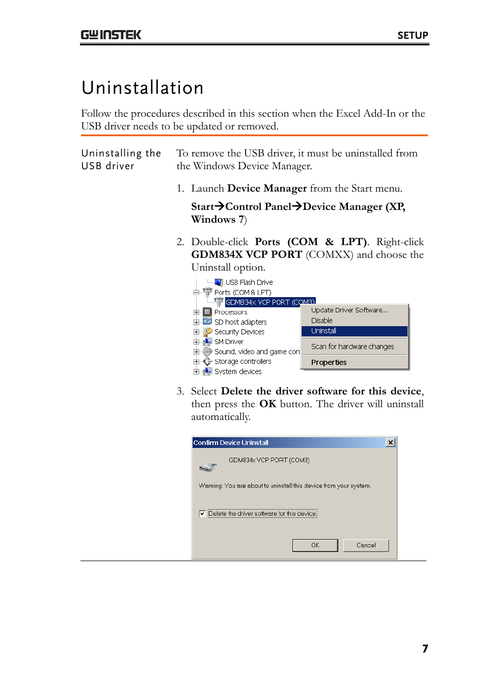 Uninstallation | GW Instek GDM-8300 series Excel Add-in Operation Guide User Manual | Page 7 / 19