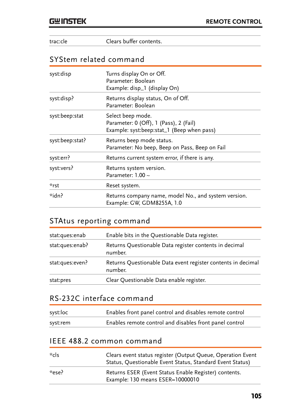 System related command, Status reporting command, Rs-232c interface command | Ieee 488.2 common command | GW Instek GDM-8200A User Manual User Manual | Page 105 / 123