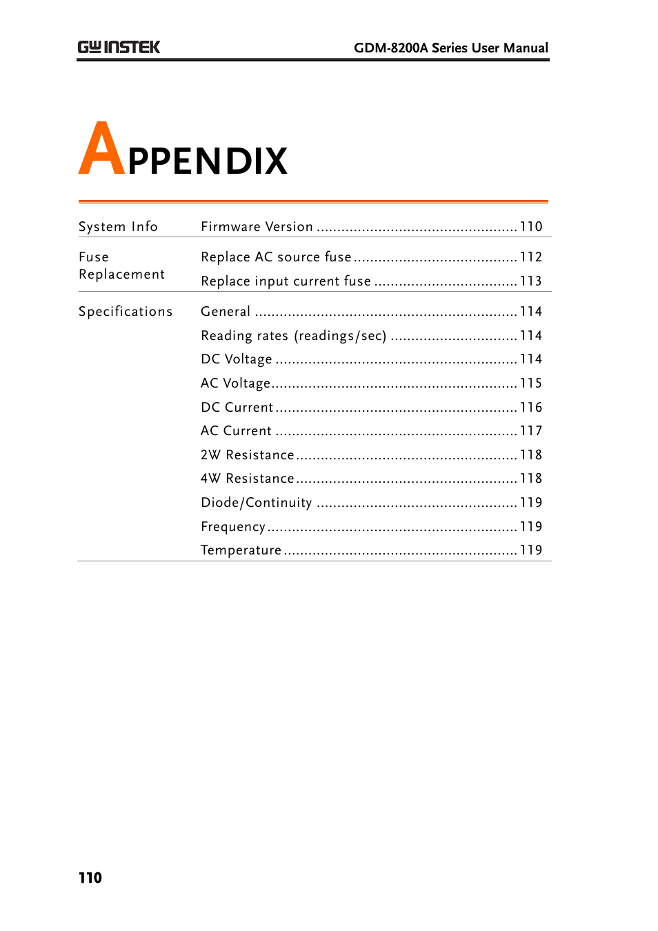 Appendix, E110), Ppendix | GW Instek GDM-8200A User Manual User Manual | Page 110 / 123