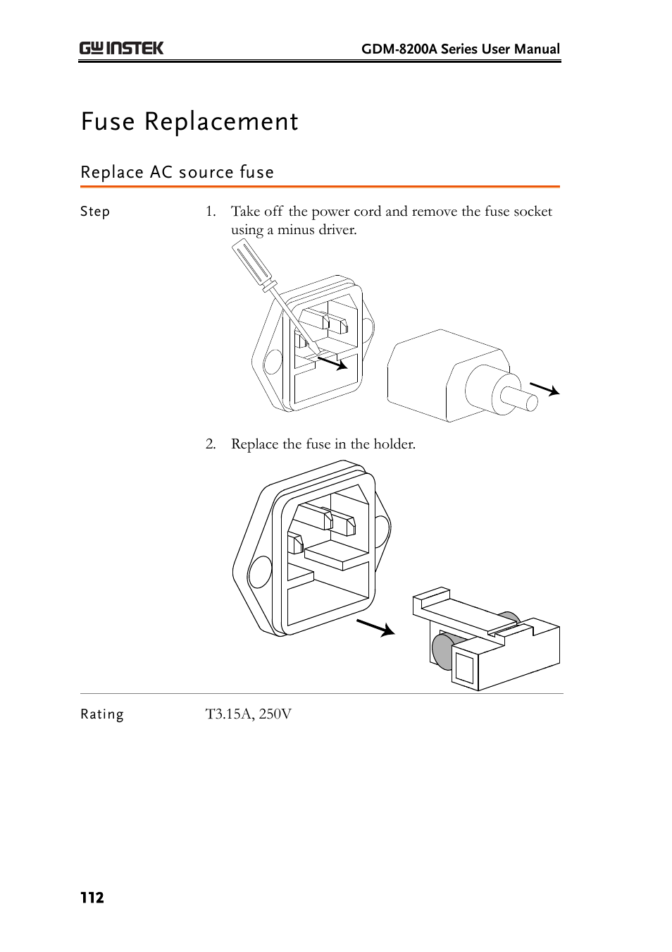 Fuse replacement, Replace ac source fuse, E112 | GW Instek GDM-8200A User Manual User Manual | Page 112 / 123