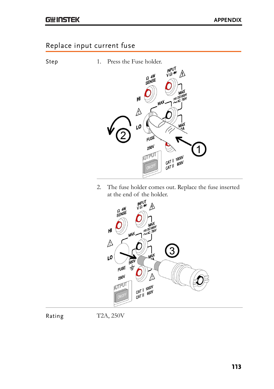 Replace input current fuse, E113 | GW Instek GDM-8200A User Manual User Manual | Page 113 / 123