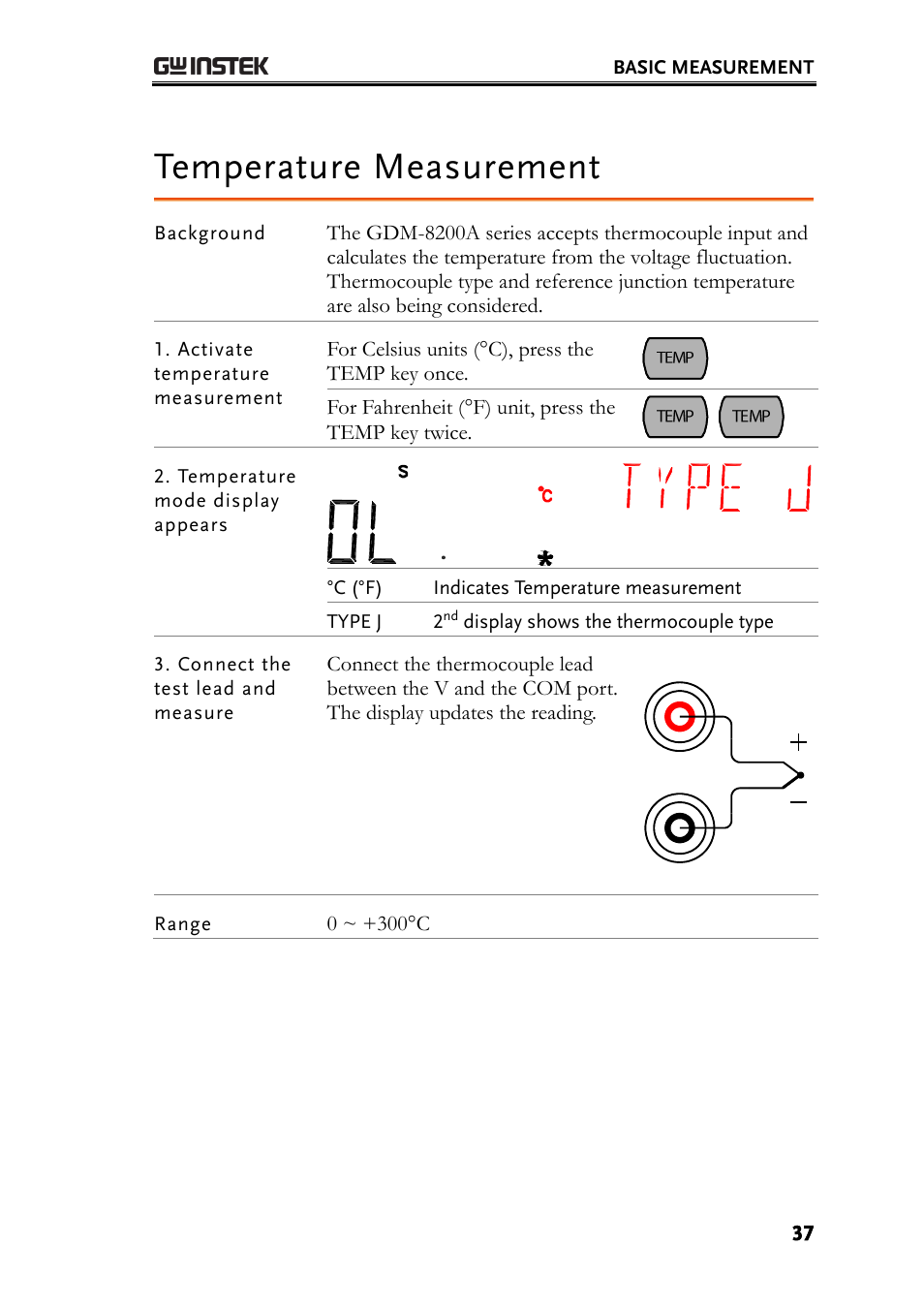 Temperature measurement, E37), Select thermocouple type | GW Instek GDM-8200A User Manual User Manual | Page 37 / 123