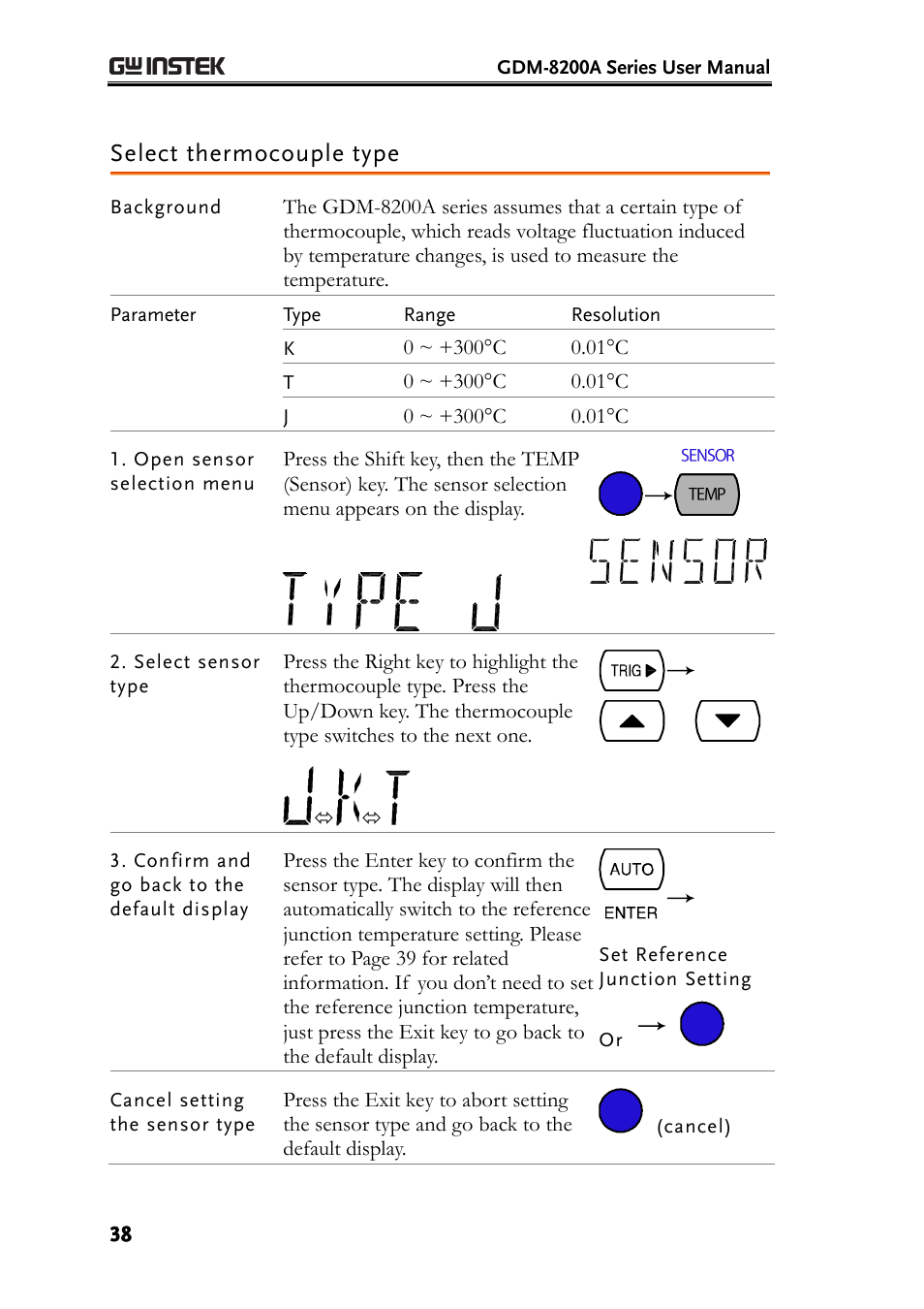 Select thermocouple type, E38), Set reference junction temperature | GW Instek GDM-8200A User Manual User Manual | Page 38 / 123