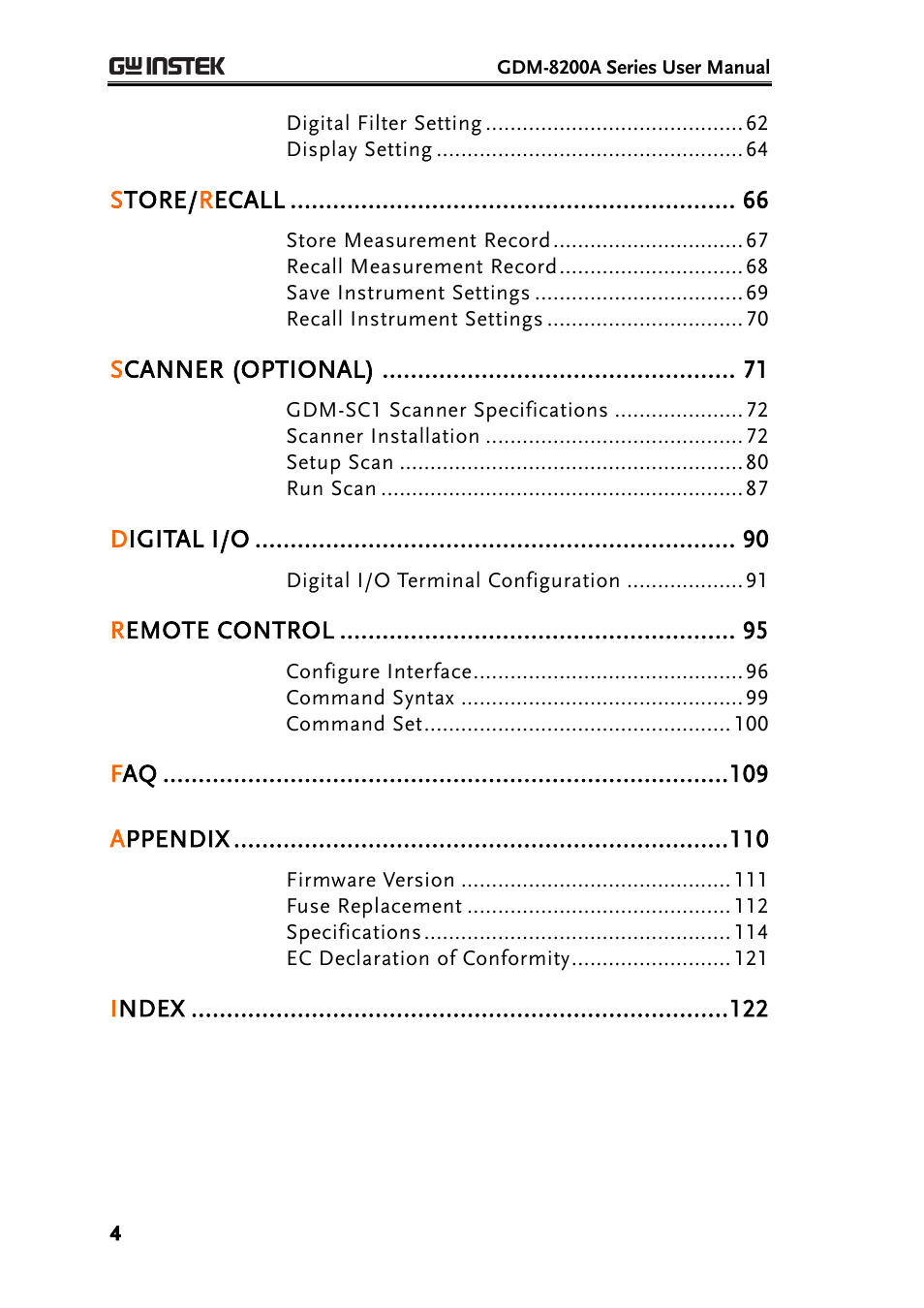 Store/ r ecall, Scanner (optional), Digital i/o | Remote control, Appendix, Index | GW Instek GDM-8200A User Manual User Manual | Page 4 / 123