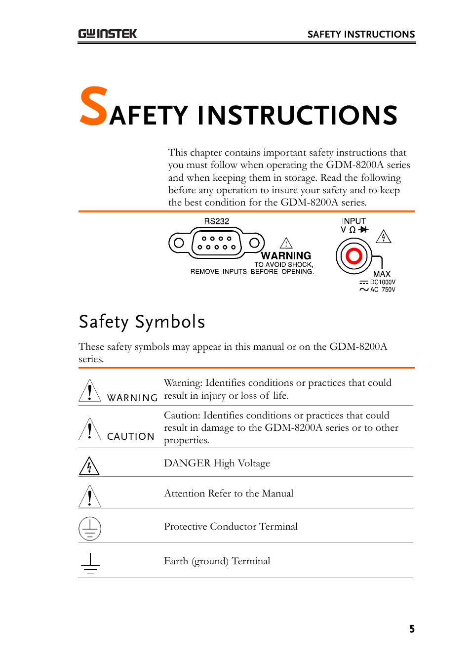 Safety instructions, Safety symbols, Afety instructions | GW Instek GDM-8200A User Manual User Manual | Page 5 / 123