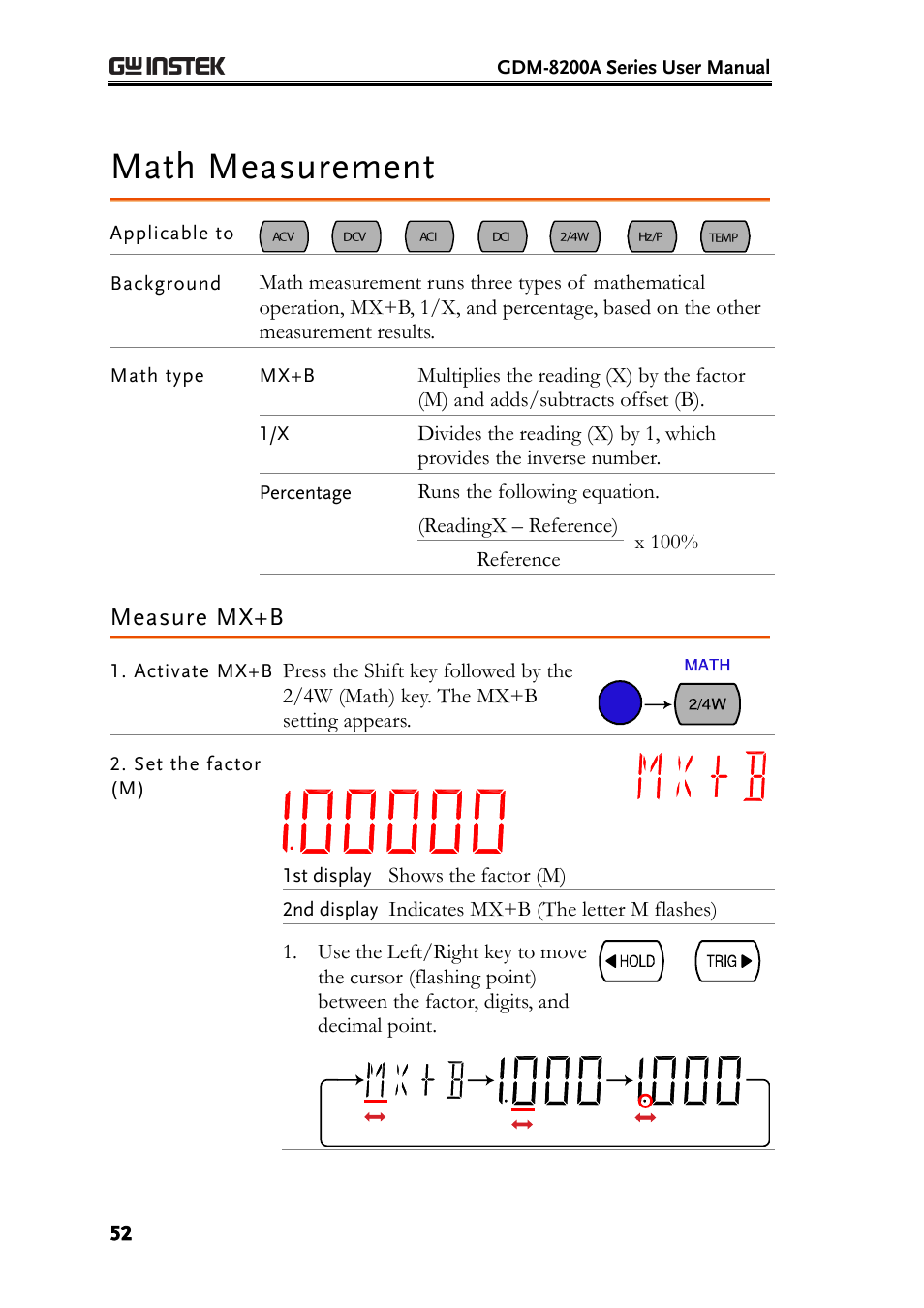 Math measurement, Measure mx+b, E52) | GW Instek GDM-8200A User Manual User Manual | Page 52 / 123