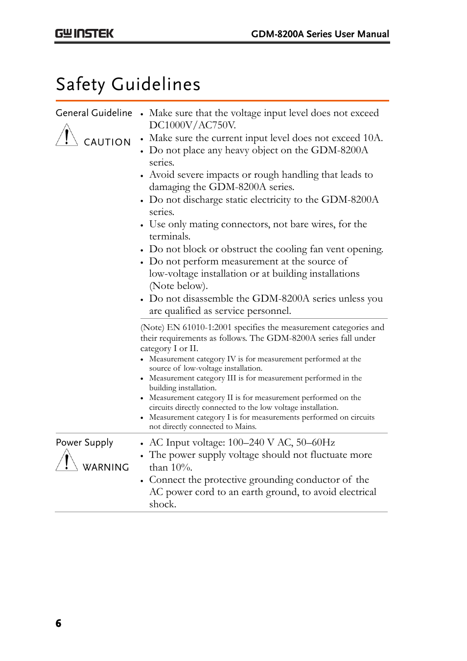 Safety guidelines | GW Instek GDM-8200A User Manual User Manual | Page 6 / 123