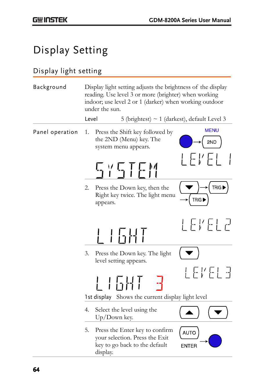 Display setting, Display light setting | GW Instek GDM-8200A User Manual User Manual | Page 64 / 123