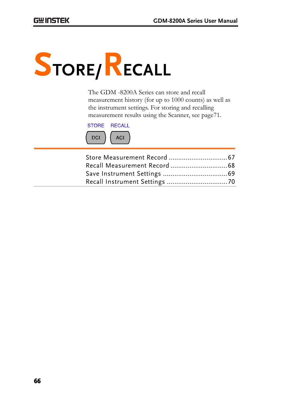 Store/recall, E67), Tore | Ecall | GW Instek GDM-8200A User Manual User Manual | Page 66 / 123
