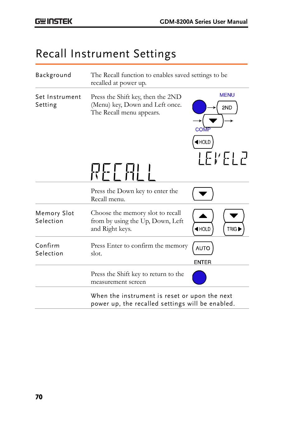 Recall instrument settings | GW Instek GDM-8200A User Manual User Manual | Page 70 / 123