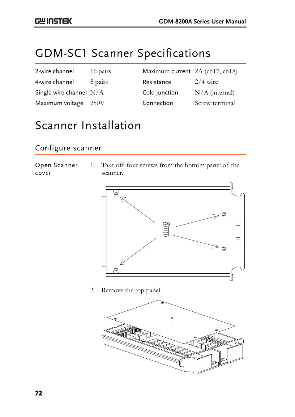 Gdm-sc1 scanner specifications, Scanner installation, Configure scanner | GW Instek GDM-8200A User Manual User Manual | Page 72 / 123