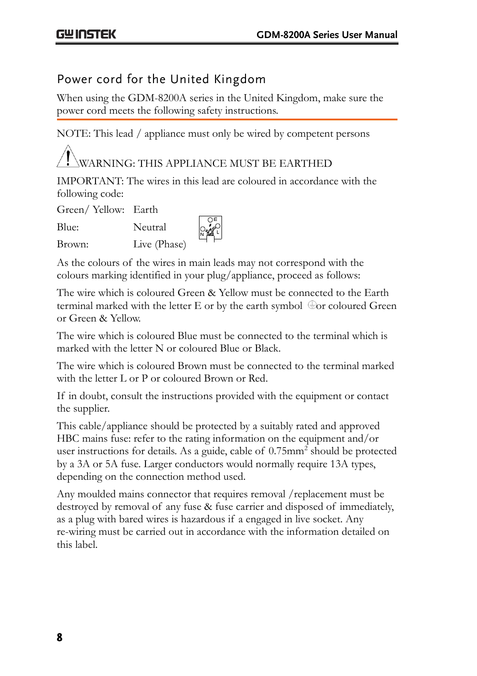 Power cord for the united kingdom | GW Instek GDM-8200A User Manual User Manual | Page 8 / 123