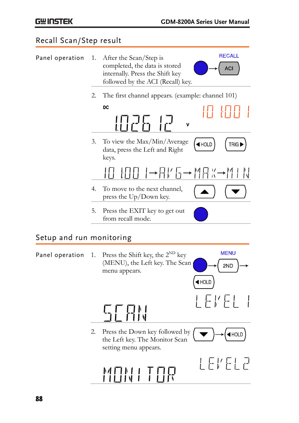 Recall scan/step result, Setup and run monitoring, E88) | GW Instek GDM-8200A User Manual User Manual | Page 88 / 123