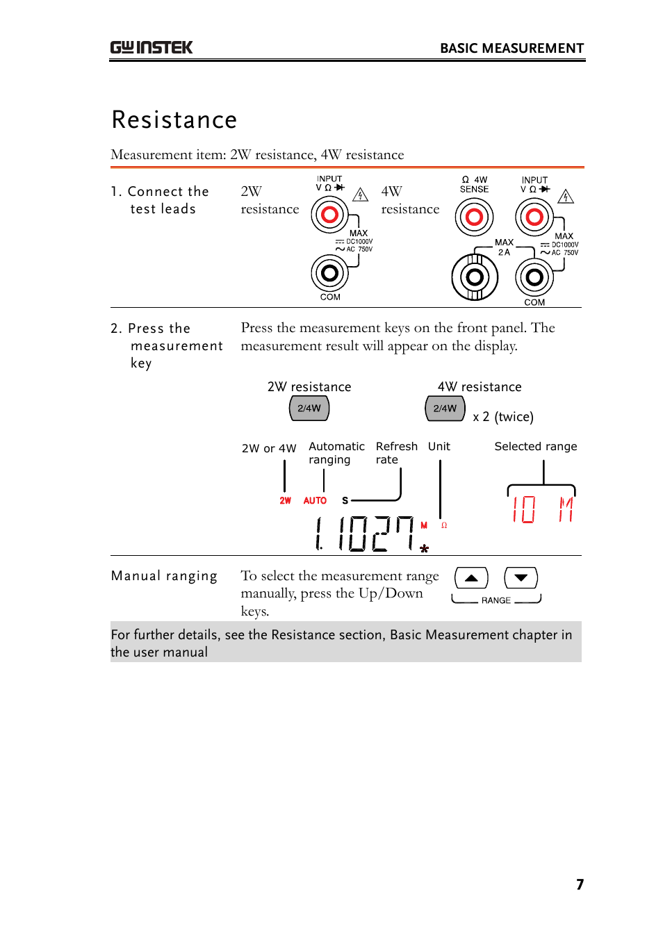 Resistance | GW Instek GDM-8200A Quick User Guide User Manual | Page 7 / 10