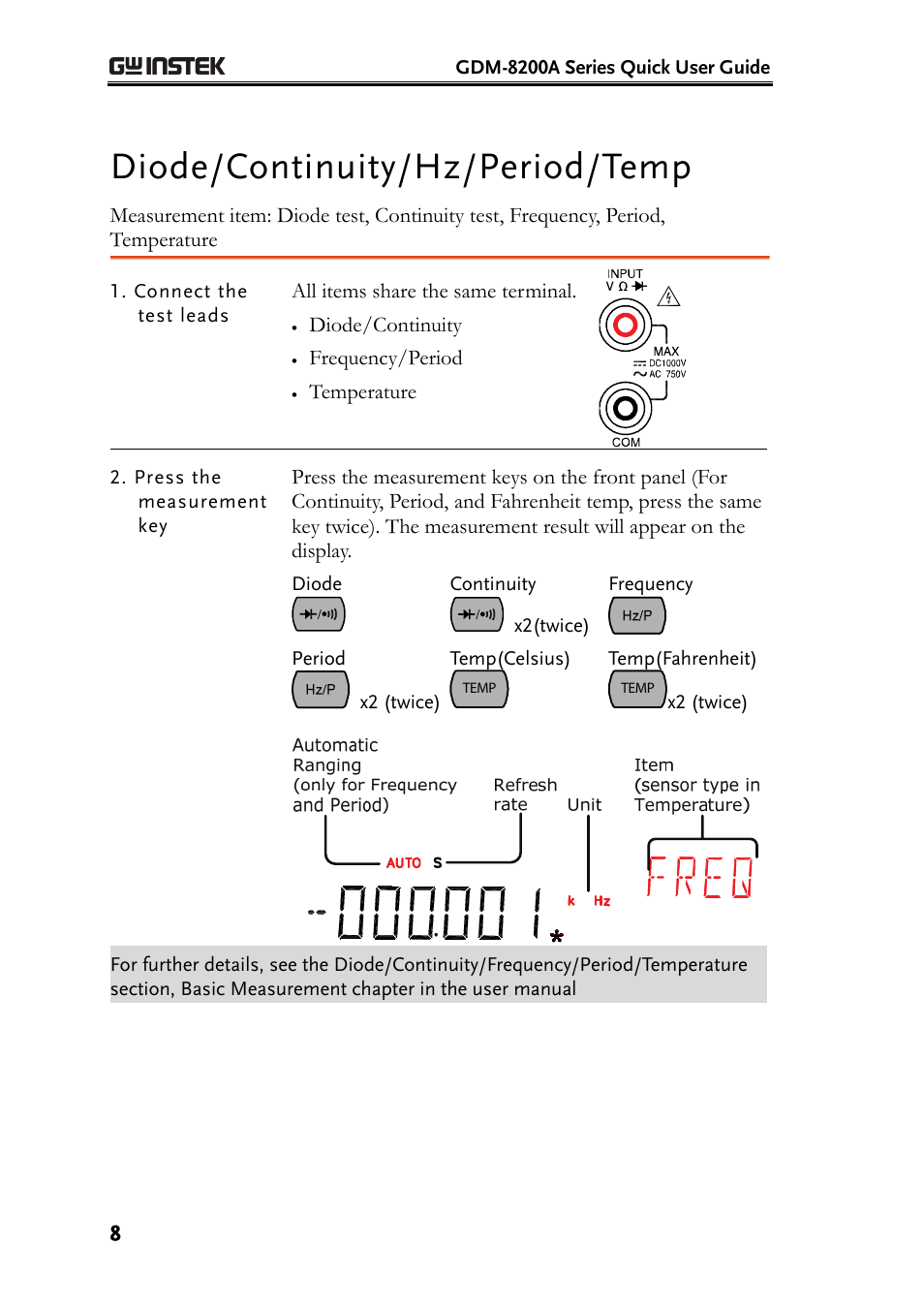 Diode/continuity/hz/period/temp | GW Instek GDM-8200A Quick User Guide User Manual | Page 8 / 10