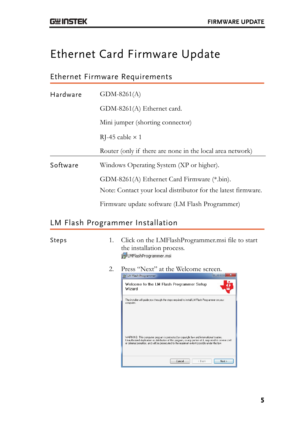 Ethernet card firmware update, Ethernet firmware requirements, Lm flash programmer installation | GW Instek GDM-8261A Firmware Upgrade Manual User Manual | Page 5 / 12
