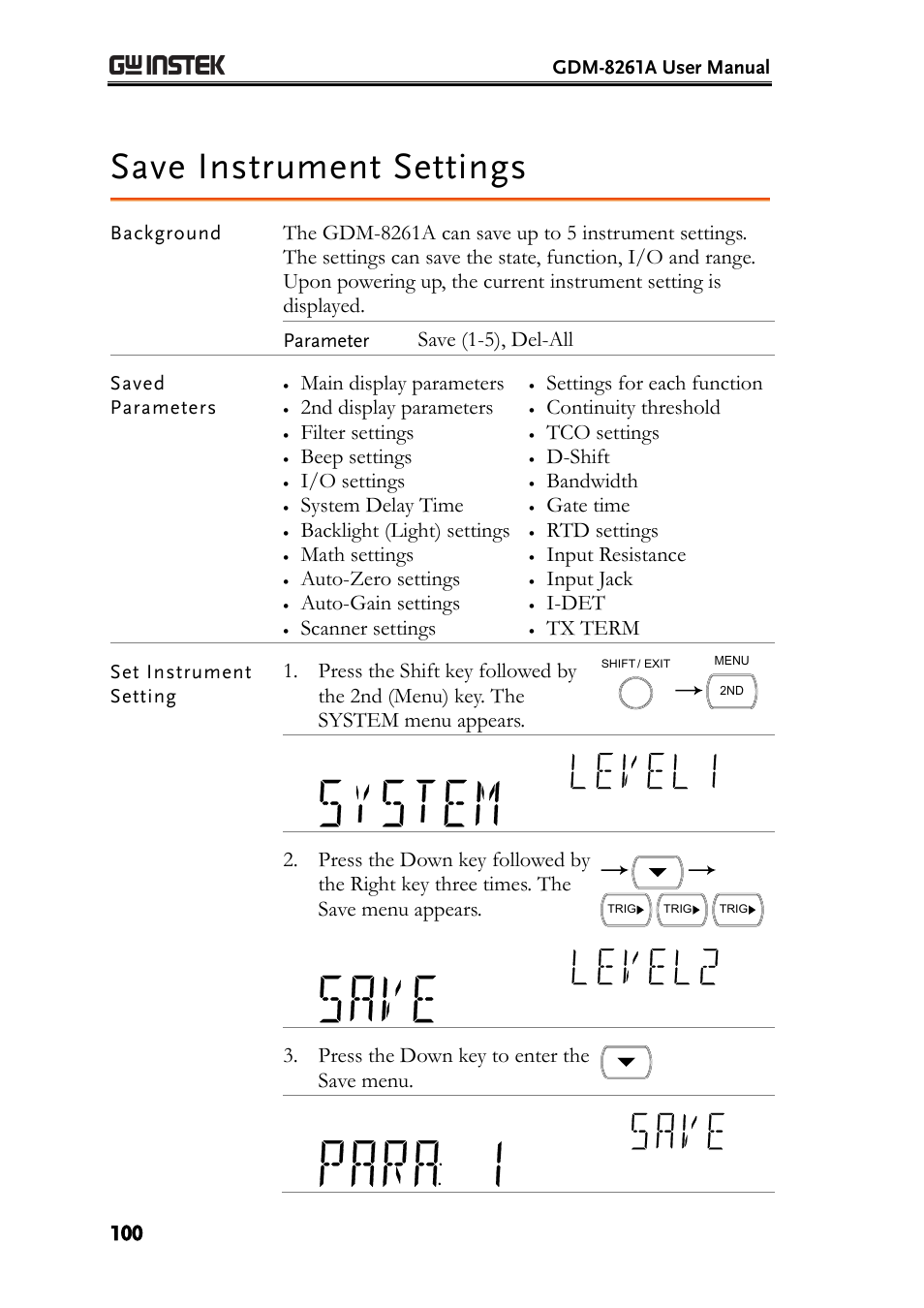Save instrument settings, Save (1-5), del-all, Main display parameters | 2nd display parameters, Filter settings, Beep settings, I/o settings, System delay time, Backlight (light) settings, Math settings | GW Instek GDM-8261A User manual User Manual | Page 100 / 230