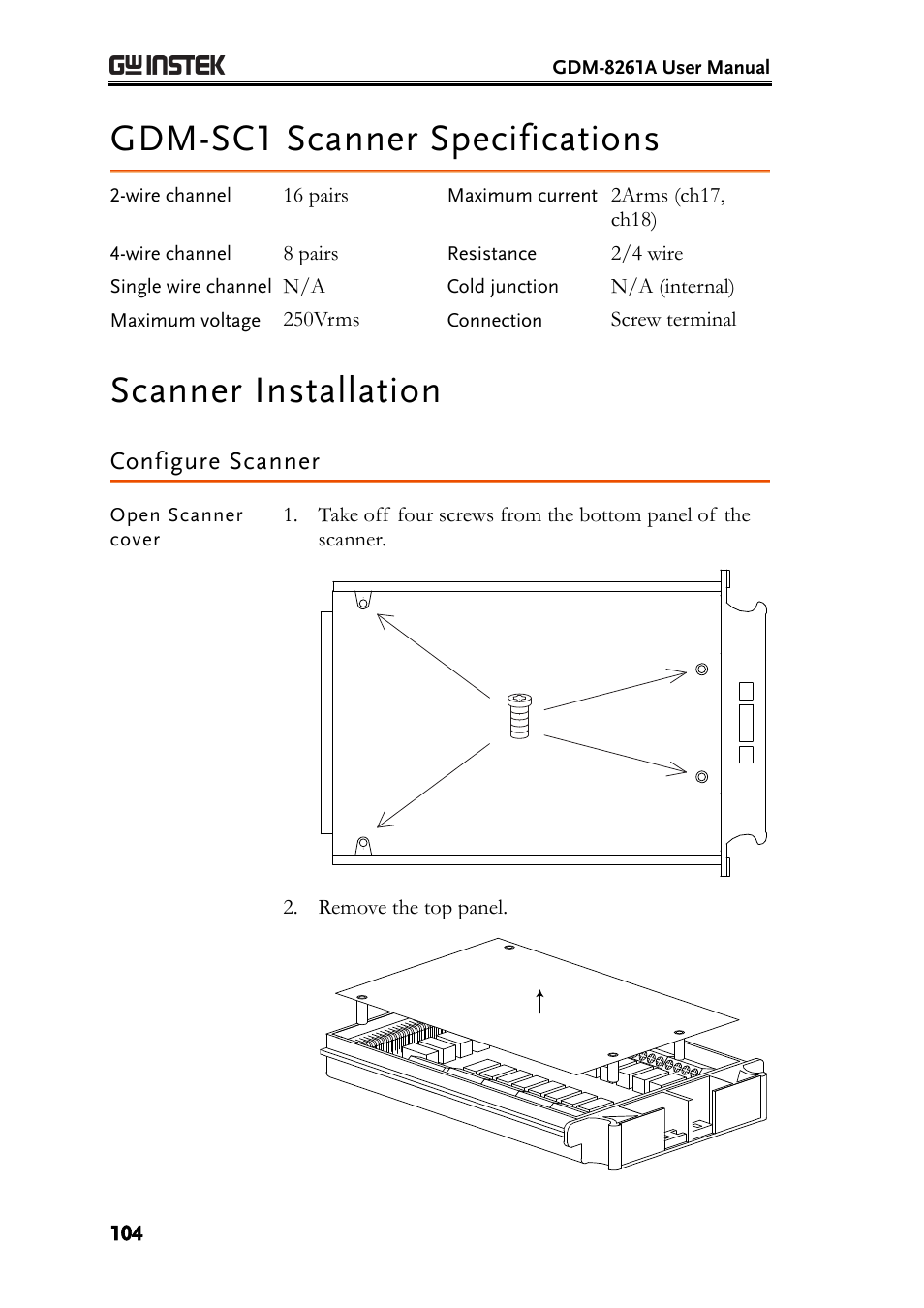 Gdm-sc1 scanner specifications, Scanner installation, Configure scanner | GW Instek GDM-8261A User manual User Manual | Page 104 / 230