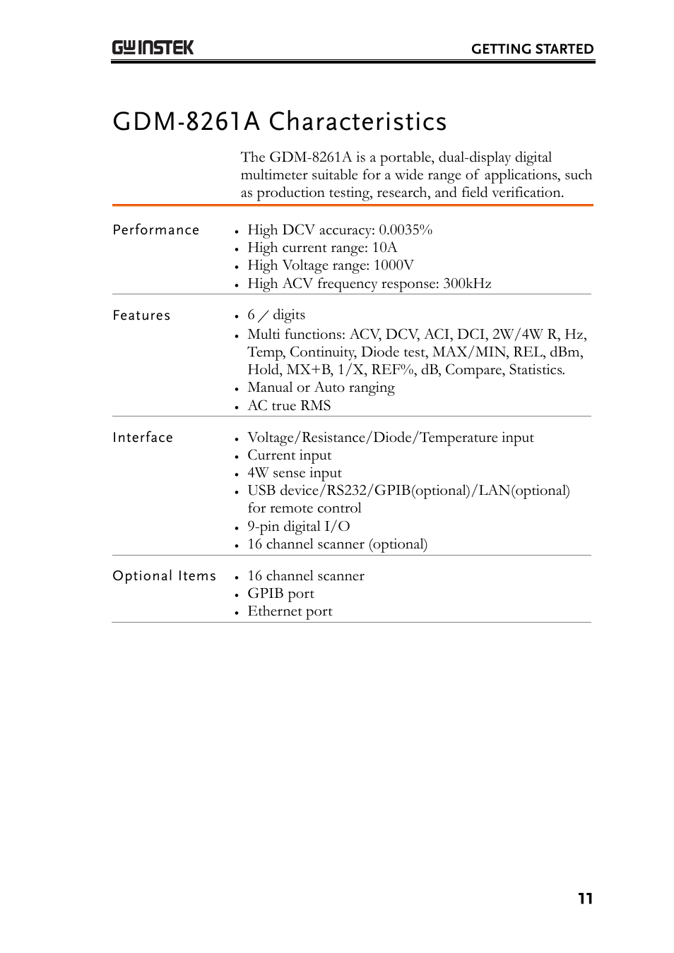 Gdm-8261a characteristics, High current range: 10a, High voltage range: 1000v | High acv frequency response: 300khz, Digits, Manual or auto ranging, Ac true rms, Voltage/resistance/diode/temperature input, Current input, 4w sense input | GW Instek GDM-8261A User manual User Manual | Page 11 / 230