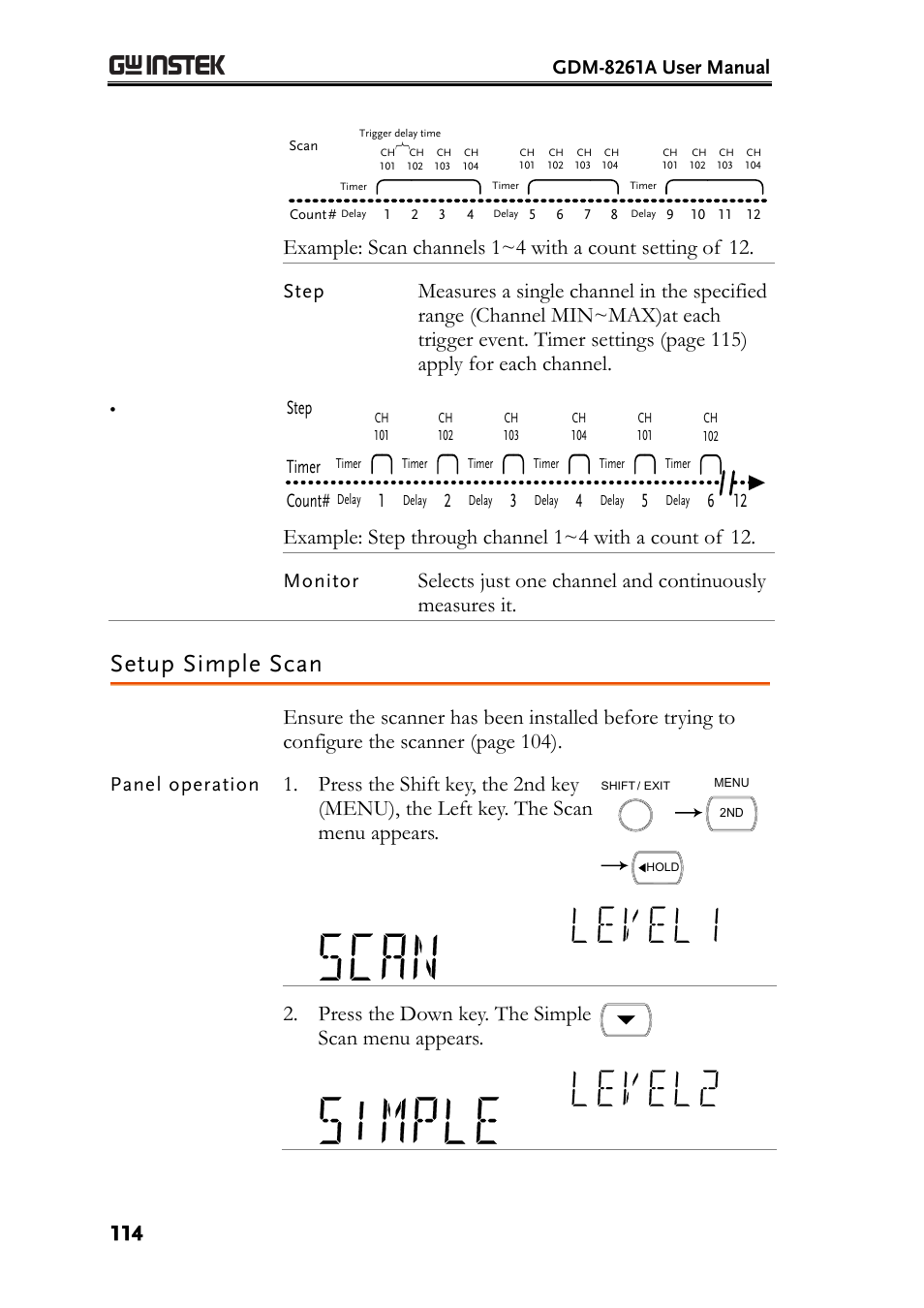 Setup simple scan, Press the down key. the simple scan menu appears, Gdm-8261a user manual | Step, 1count, 12 timer, Monitor, Panel operation | GW Instek GDM-8261A User manual User Manual | Page 114 / 230