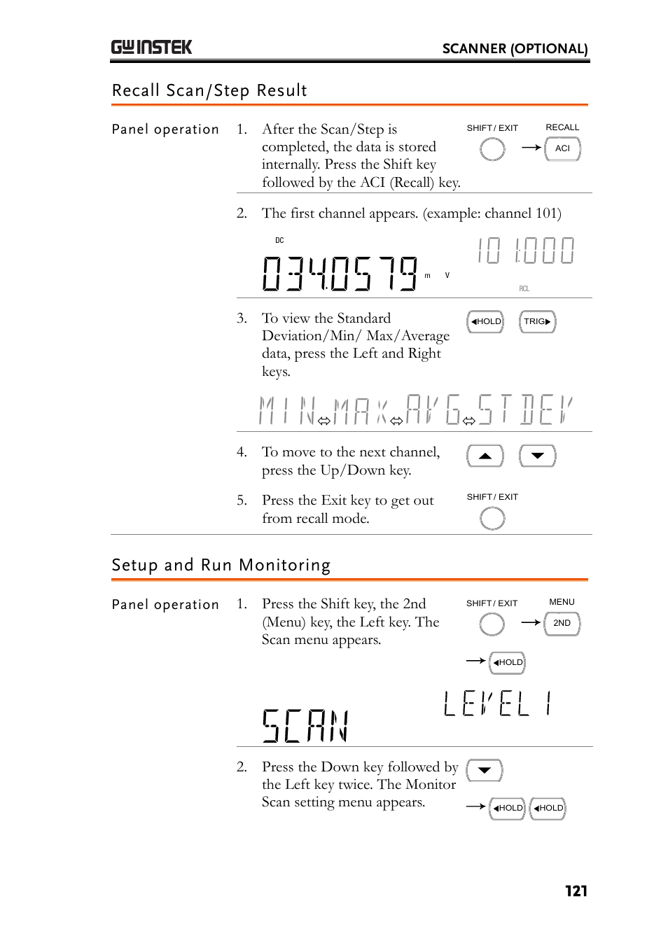 Recall scan/step result, Setup and run monitoring, The first channel appears. (example: channel 101) | Press the exit key to get out from recall mode | GW Instek GDM-8261A User manual User Manual | Page 121 / 230