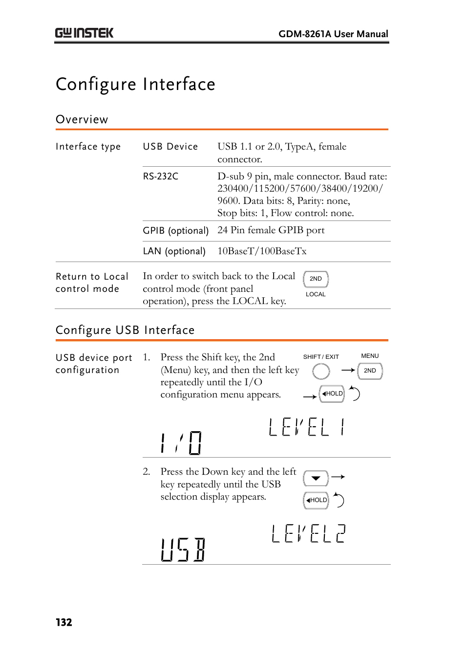 Configure interface, Overview, Configure usb interface | GW Instek GDM-8261A User manual User Manual | Page 132 / 230