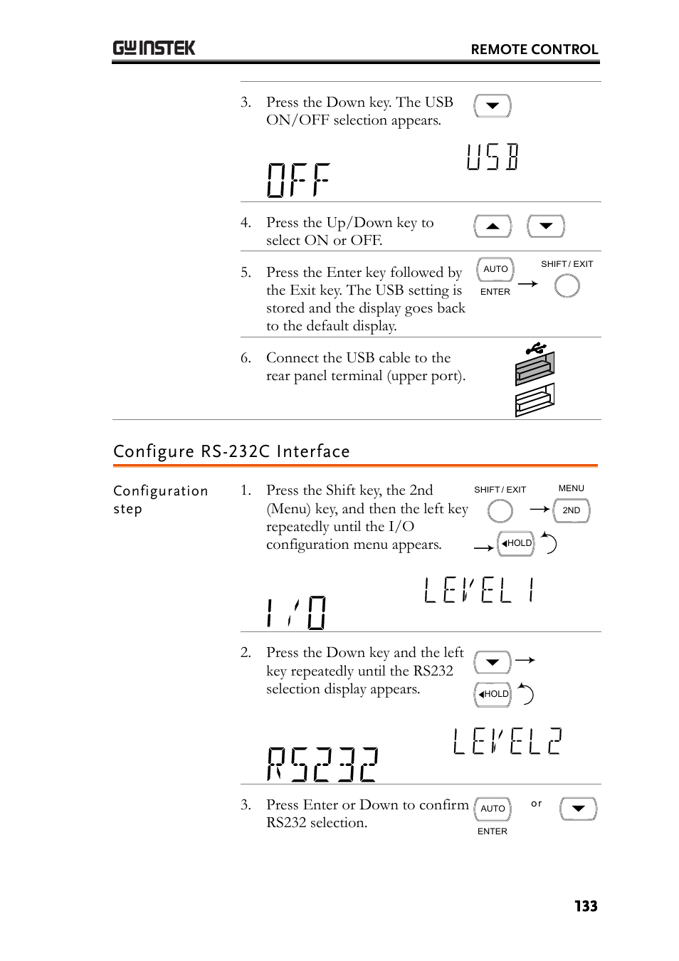 Configure rs-232c interface, Press the up/down key to select on or off, Press enter or down to confirm rs232 selection | GW Instek GDM-8261A User manual User Manual | Page 133 / 230