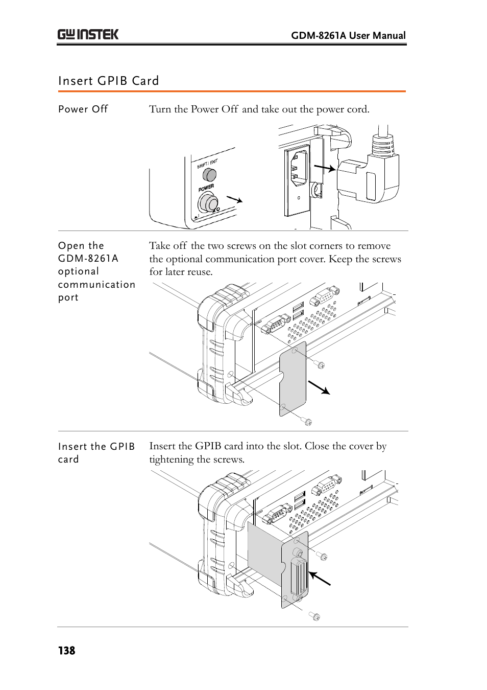 Insert gpib card | GW Instek GDM-8261A User manual User Manual | Page 138 / 230