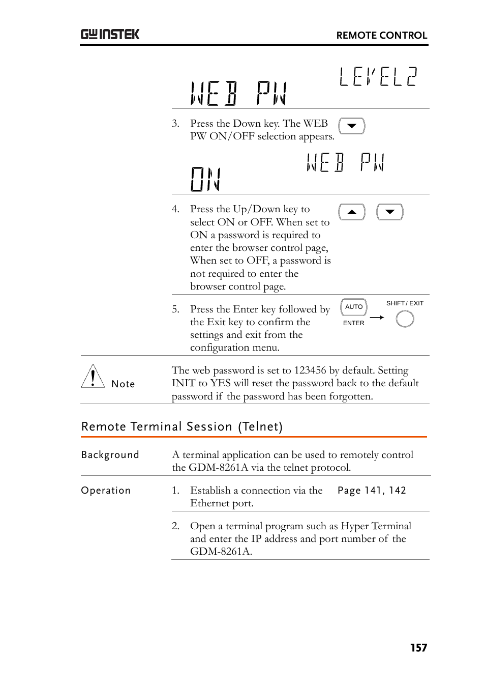 Remote terminal session (telnet) | GW Instek GDM-8261A User manual User Manual | Page 157 / 230