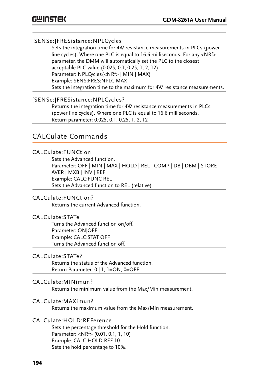 Calculate commands | GW Instek GDM-8261A User manual User Manual | Page 194 / 230