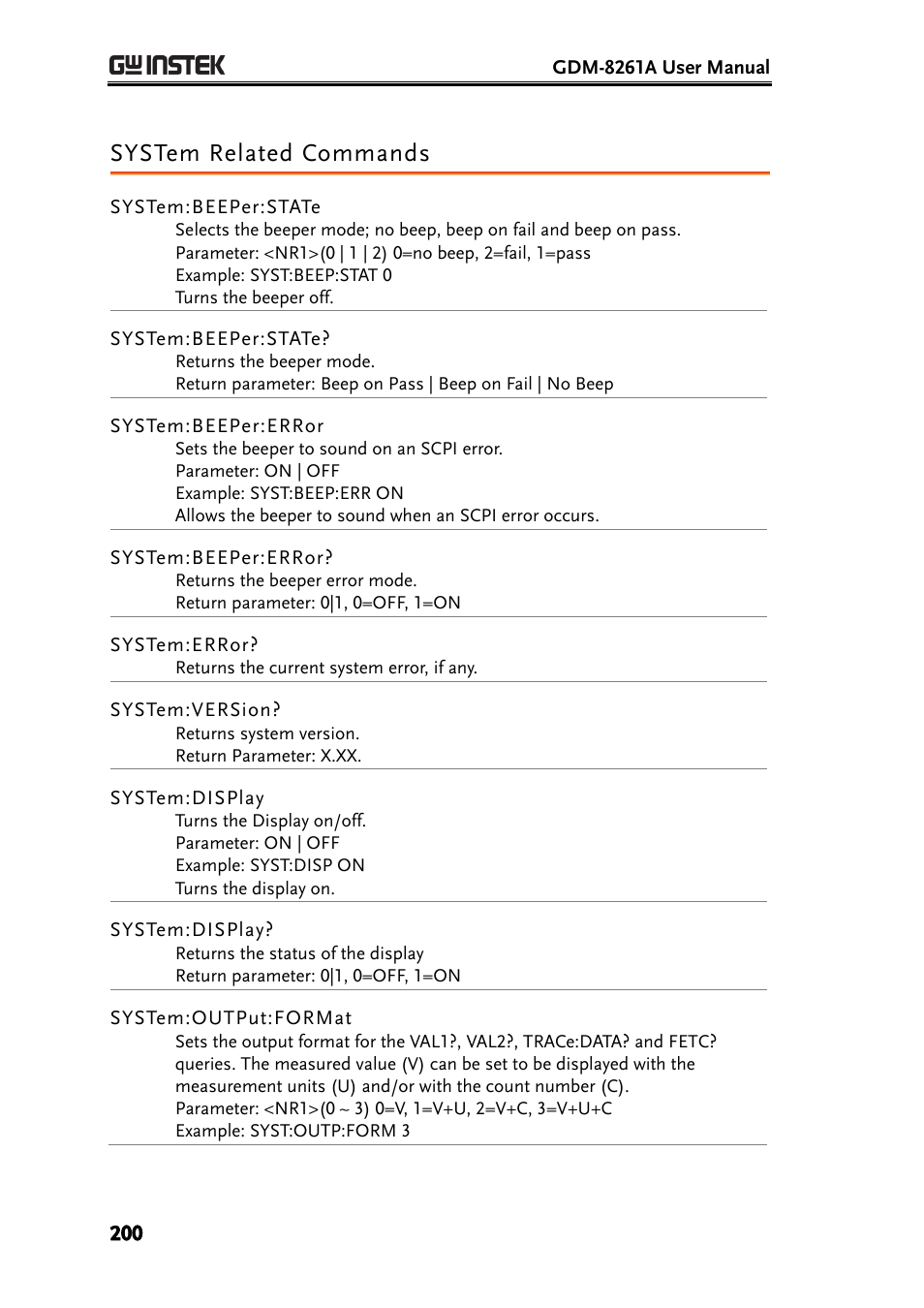 System related commands, E 200) | GW Instek GDM-8261A User manual User Manual | Page 200 / 230
