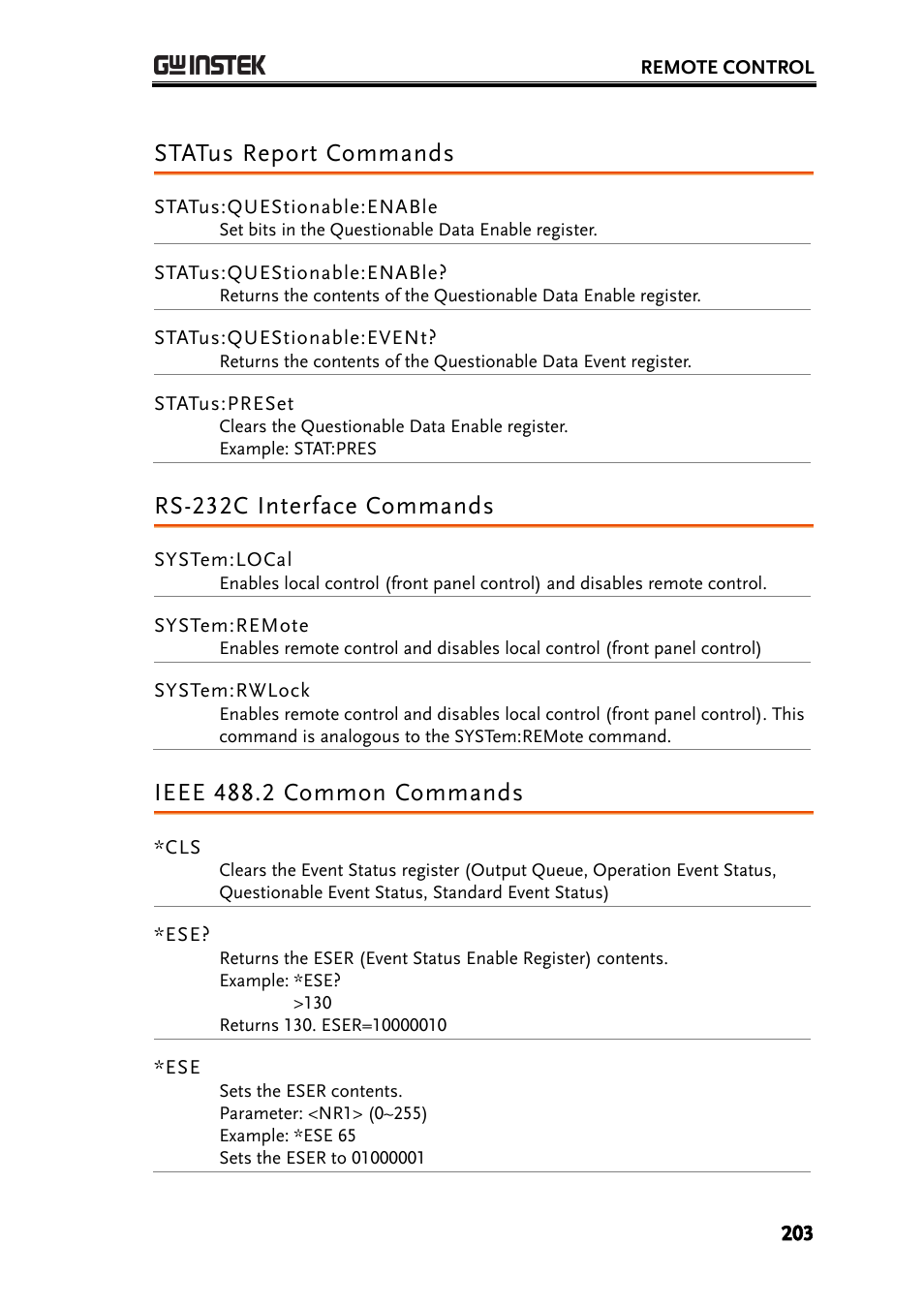 Status report commands, Rs-232c interface commands, Ieee 488.2 common commands | GW Instek GDM-8261A User manual User Manual | Page 203 / 230